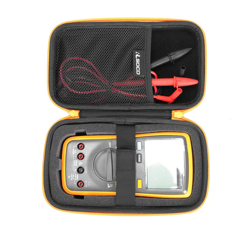 Durable Carrying Case For Fluke Digital Multimeters With DIY Foam Insert, Compact Yellow Zip; open case with multimeter.