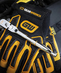 Quarter Inch Drive Locking Flex Head Ratchet with 60 Tooth Gear and Nine Position Push Button Lock on mechanic gloves engine bay