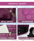 AdashinHoo expandable purple duffel bag with metal zipper, waterproof fabric, external pocket and detachable wheels.
