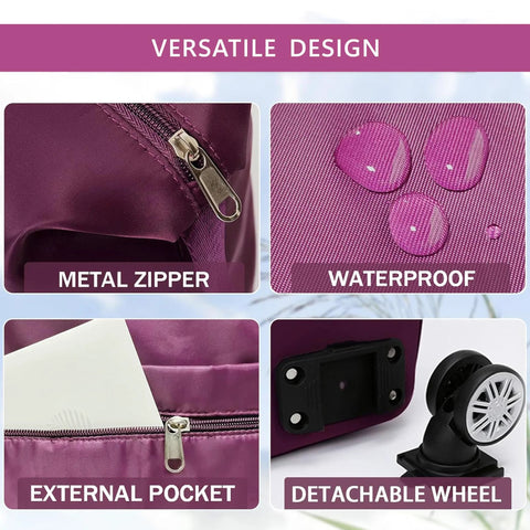 AdashinHoo expandable purple duffel bag with metal zipper, waterproof fabric, external pocket and detachable wheels.