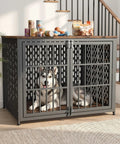 Super Smooth Setup Heavy Duty Dog Crate Furniture 42 Inch Decorative Kennel End Table Nightstand with a dog inside.