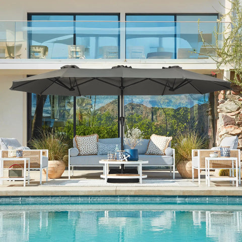 13 Foot Outdoor Patio Umbrella With Base Included providing shade for outdoor seating by pool, ideal for deck, backyard, market, or patio dining.