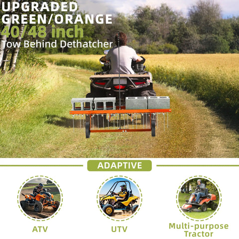40 Inch Orange Tow Behind Dethatcher With 24 Spring Steel Tines attached to a tractor, used for removing thatch on a grassy field.