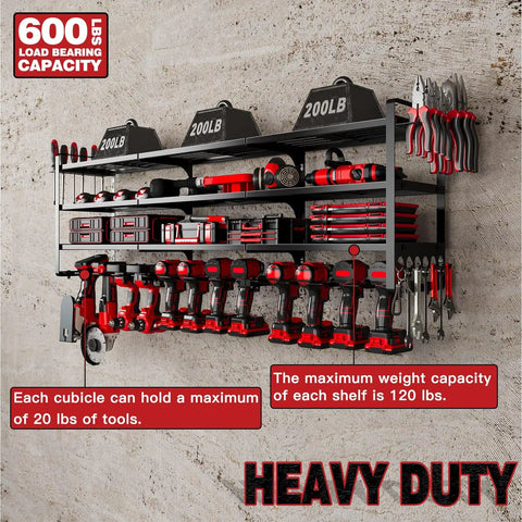 48 Inch Power Tools Organizer Wall Mount With Four Heavy Duty Shelves, 12 Drill Holders, Side Hooks And Bottom Tool Rack