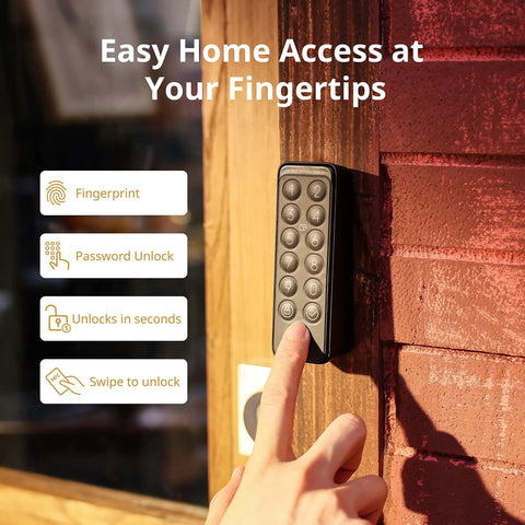Hand using Smart Keypad Touch That Delivers Keyless Entry And Fingerprint Access, IP65 Waterproof Home Security Pad on door
