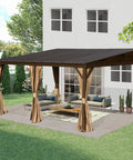 12x16 Ft Lean To Gazebo With Hardtop Roof For Patio And Backyard, wall-mounted outdoor shelter with curtains and netting installed