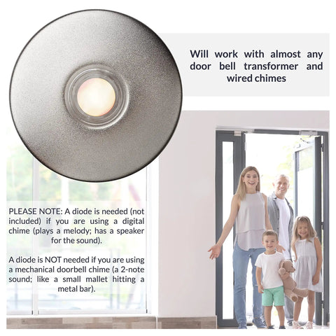 Close-up of Lighted Doorbell Button In Satin Nickel Finish, Easy Surface Mount, 2.5 Inch Round Metal Housing, Night Visibility for Home