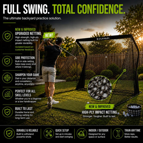 Man practicing golf swing with Compact Golf Practice Net With Steel Frame And Side Net Protection, 10 ft x 7.5 ft in backyard
