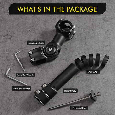 110mm Adjustable Bike Stem Riser For 31.8mm Handlebars 0-60 Degree Handlebar Extender with tools and accessories laid out