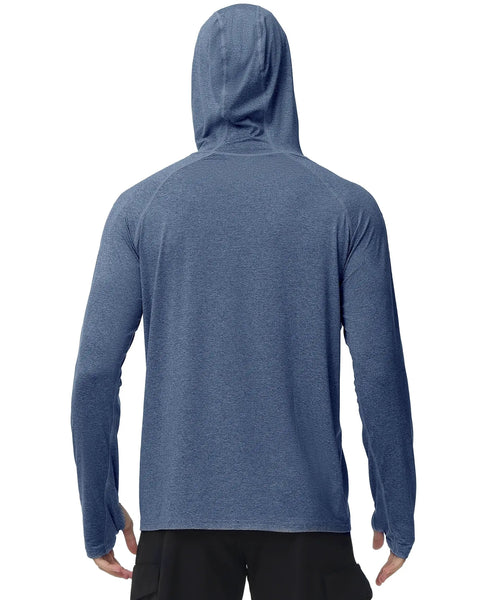 Back view of blue Lightweight UPF 50 Plus Long Sleeve Fishing Shirt for Men With Hooded Sun Shield, Quick Dry Outdoor Hoodie for Hiking