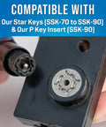 Close-up of star key compatibility with SSK-950 Can Wrench Kit With P Key And Star Keys For Pedestals And Self Locking Cabinets Unlock