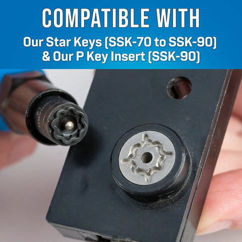Close-up of star key compatibility with SSK-950 Can Wrench Kit With P Key And Star Keys For Pedestals And Self Locking Cabinets Unlock