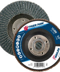 Front and back view of 4-1/2 Inch Tiger Paw Zirconium Abrasive Flap Disc Flat Ty27 With Phenolic Backing 36Z 5/8 Inch 11 UNC Nut Pack Of 10
