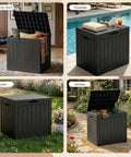 35 Gallon Outdoor Storage Box for Deck, Garden, and Patio, lockable weatherproof resin storage chest, poolside setting