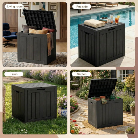 35 Gallon Outdoor Storage Box for Deck, Garden, and Patio, lockable weatherproof resin storage chest, poolside setting