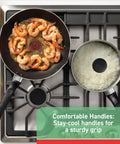 Nonstick Handy Pot With Glass Lid 3 Quart Oven Safe To 350F Dishwasher Safe Black, shown cooking rice on stove.
