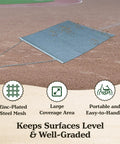 Heavy Duty Zinc And Steel Mesh Field Drag Mat for surface leveling on baseball field, shown on a dirt surface with product features.