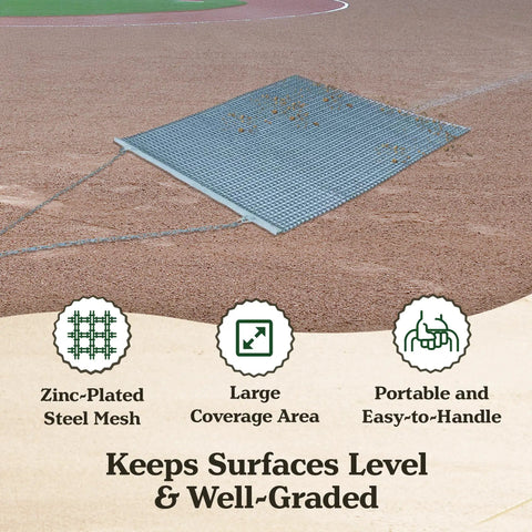 Heavy Duty Zinc And Steel Mesh Field Drag Mat for surface leveling on baseball field, shown on a dirt surface with product features.