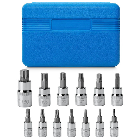 Torx Bit Socket Set 13 Piece T8 Through T60 with star and torx bits and blue storage case, S2 alloy steel, for precision repairs