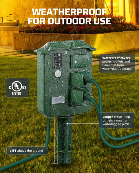Outdoor Power Stake Timer With Six Grounded Outlets, Six Ft Extension Cord, 100 Ft Wireless Remote, Dusk To Dawn Photocell, Weatherproof Yard And Garden Lights, Easy No Fuss Remote Control, UL Listed installed in garden
