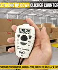 Slick Digital Tally Counter With Up And Down Clicker For Golf Laps Knitting And Crowd Counting Hella Fast Reset held in hand.