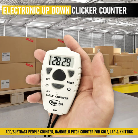 Slick Digital Tally Counter With Up And Down Clicker For Golf Laps Knitting And Crowd Counting Hella Fast Reset held in hand.