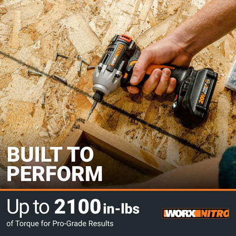 Person using Nitro 20V Brushless Drill Driver And Impact Driver Combo With One Half Inch Drill One Quarter Inch Impact Compact Cordless Set for woodwork
