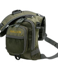 Micro Fly Fishing Chest Pack With Front Workstation And Tippet Spool Holder, Fits Two Medium Tackle Or Fly Boxes, Quick Access Gear, Secure Pockets, Green, showing front and side view.