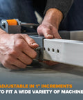 Adjusting heavy duty mobile base for power tools, showcasing 1-inch incremental adjustments for versatile machine fitting.