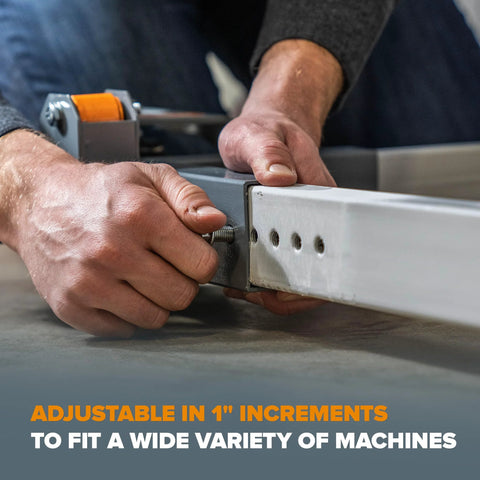 Adjusting heavy duty mobile base for power tools, showcasing 1-inch incremental adjustments for versatile machine fitting.