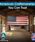 Barn interior with American flag, highlighting local manufacturing of Heavy Duty Solid Steel Horse Tie Ring 2-3/8 Inch Cross Tie Ring For Horses