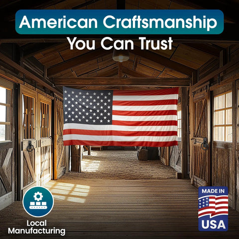 Barn interior with American flag, highlighting local manufacturing of Heavy Duty Solid Steel Horse Tie Ring 2-3/8 Inch Cross Tie Ring For Horses