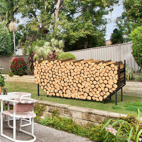 Heavy Duty Firewood Rack Outdoor With 880Lb Capacity 6 Ft Elevated Wood Storage On Weather Resistant Metal Frame 12 Support Legs Sturdy Indoor Or Outdoor Firewood Holder For Patio Porch Fireplace Backyard filled with logs in garden setting