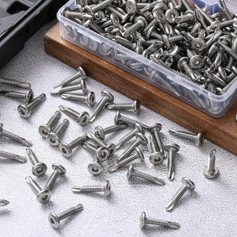 Workhorse Hex Socket Self Tapping Screws 410 Stainless Steel Flat Head Number Twelve One Inch Long Bulk Pack Two Hundred Pieces on a table.