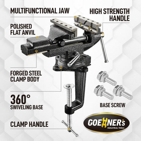 Do-It-All Bench Vise For Woodworking With 3.3 Inch Jaw, 360 Degree Swivel Clamps, Grooved Fixture Jaw, and flat anvil