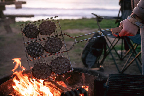 Deluxe Campfire Cooking Broiler For Open Fire Or Grill Hinged With Locking Ring Heavy Duty Chrome Plated Steel grilling burgers