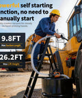 Heavy Duty 12V Electric Fuel Pump Kit Featuring A Slick 15 Gallon Per Minute Flow Rate For Fast Diesel Fuel Transfer On The Jobsite Without Any Stress, showing max suction and lift height on construction site.