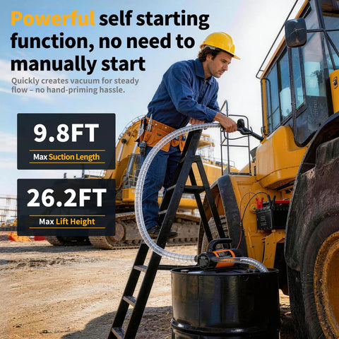 Heavy Duty 12V Electric Fuel Pump Kit Featuring A Slick 15 Gallon Per Minute Flow Rate For Fast Diesel Fuel Transfer On The Jobsite Without Any Stress, showing max suction and lift height on construction site.