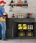 Heavy Duty Metal Storage Cabinet With Doors And Shelves, 36 Inch Tall Locking Cabinet With Two Drawers in workshop setting