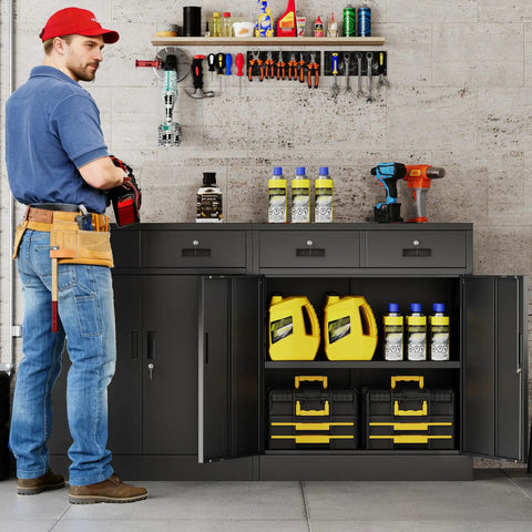 Heavy Duty Metal Storage Cabinet With Doors And Shelves, 36 Inch Tall Locking Cabinet With Two Drawers in workshop setting