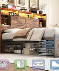 Queen Farmhouse Bed Frame In Rustic Brown Features Four Deep Drawer Storage And Open Bookshelf Headboard With Smart Led Lights Plus Dual Usb Charging Port Backed By Sturdy Metal Slats To Skip Box Springs For Real Zero Hustle Setup with headboard storage and USB ports.