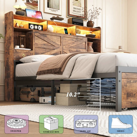 Queen Farmhouse Bed Frame In Rustic Brown Features Four Deep Drawer Storage And Open Bookshelf Headboard With Smart Led Lights Plus Dual Usb Charging Port Backed By Sturdy Metal Slats To Skip Box Springs For Real Zero Hustle Setup with headboard storage and USB ports.