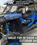 Plastic Shine And Protect Spray For ATVs UTVs Trucks And Dirt Bikes High Gloss Finish Easy Cleanup Kick Dirt To The Curb Dust And Stain Repellent Durable Vinyl And Plastic Surface Protector 16oz on blue UTV interior and exterior trim