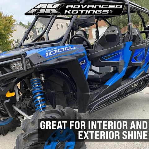 Plastic Shine And Protect Spray For ATVs UTVs Trucks And Dirt Bikes High Gloss Finish Easy Cleanup Kick Dirt To The Curb Dust And Stain Repellent Durable Vinyl And Plastic Surface Protector 16oz on blue UTV interior and exterior trim