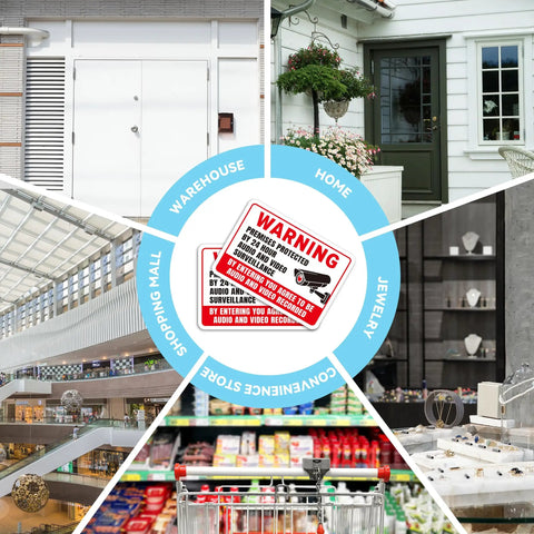 Two Pack Top Shelf Security Camera Warning Stickers With Realistic Video Monitoring Graphics For Warehouses Or Homes High Visibility Vinyl Decals on various locations.