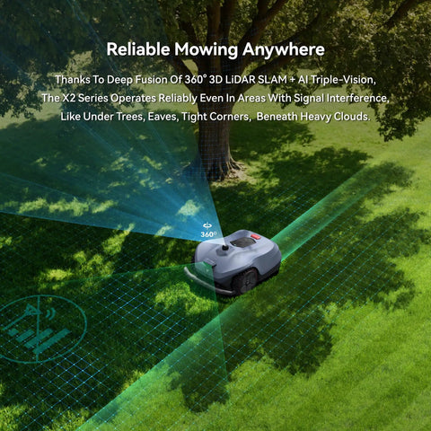 X2 Pro Auto Mapping Robot Lawn Mower navigating grass with 360 Degree LiDAR and AI Vision Obstacle Avoidance