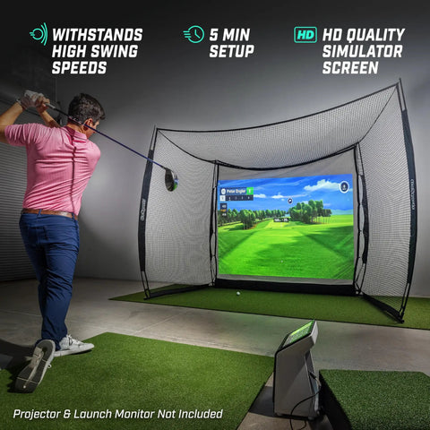 Man golfing indoors with Backyard Golf Practice Net Cage 10x8 Ft Enclosed Swing Zone With Side And Top Netting Impact Screen Included.