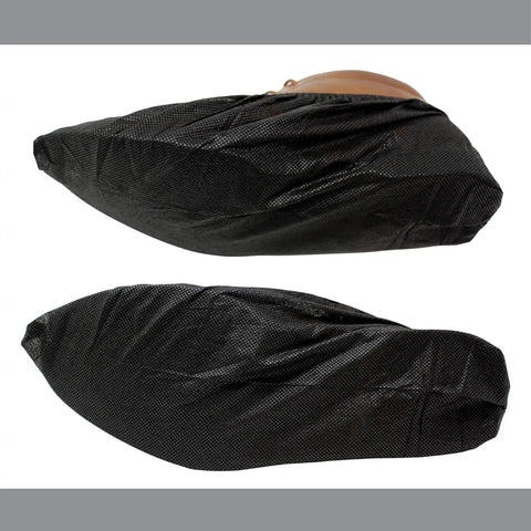 Extra Thick Black Disposable Shoe Covers 100 Pack With Elastic Fit Non Slip Booties shown on shoes top and side view