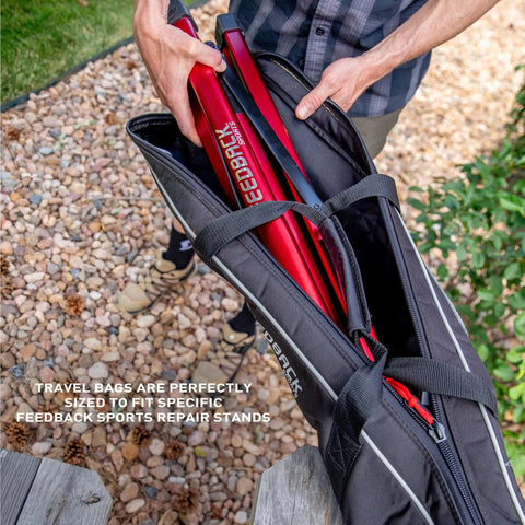 Person placing repair stand into Padded Travel Bag For Pro Mechanic HD Pro Mechanic And Sport Mechanic Bike Stands