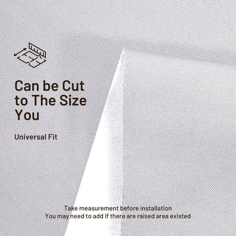 Front view of gray auto headliner fabric sample with fold and foam backing; universal fit text.
